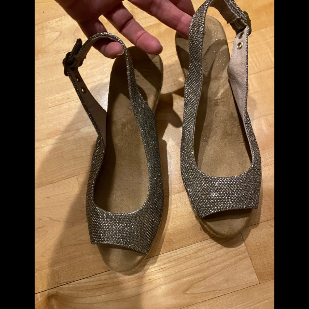 Silvery Sling Back Wedge Shoes Worn Once 6.5